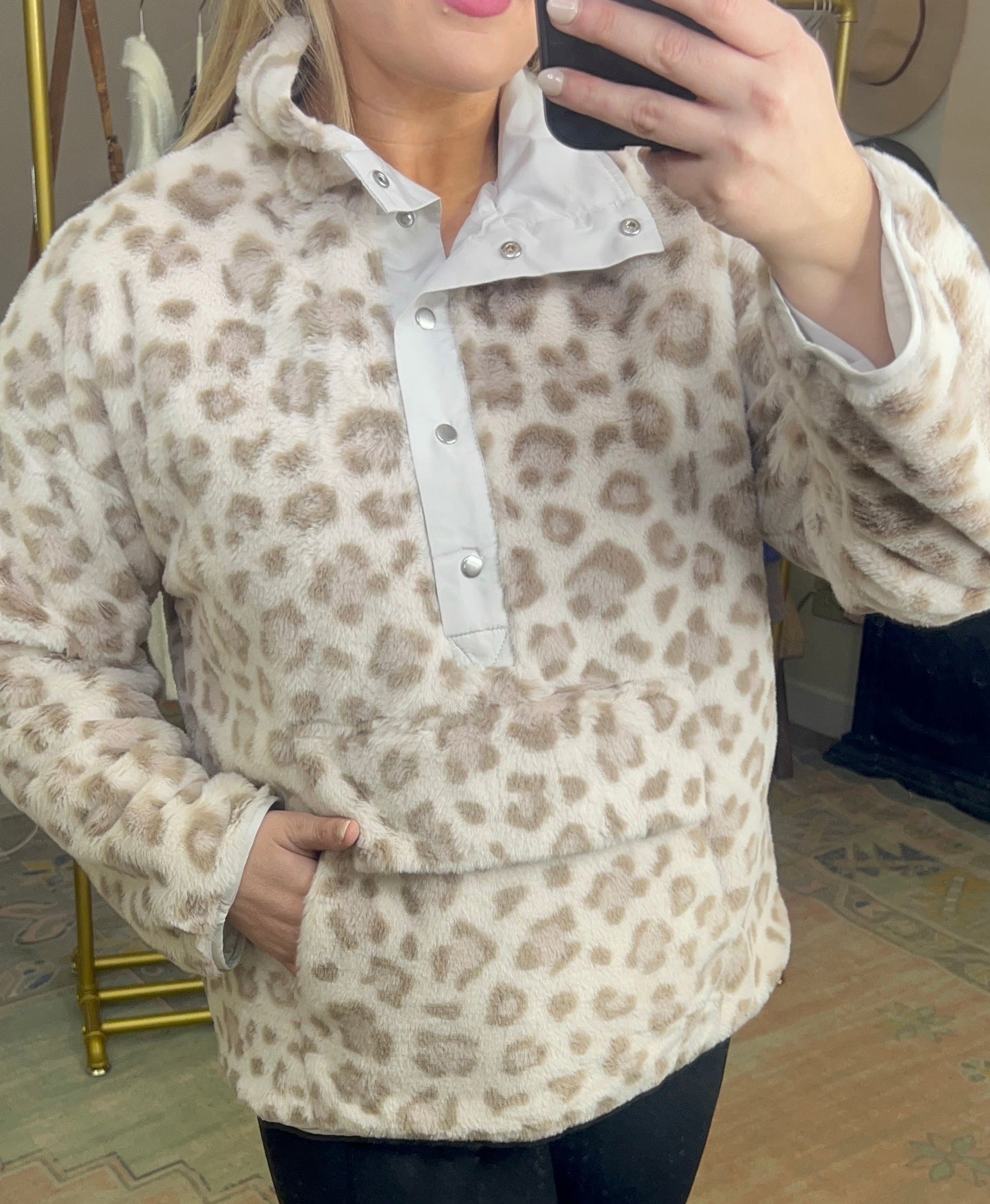 Leopard Print Snap Neck Pullover