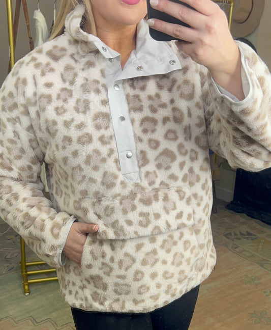 Leopard Print Snap Neck Pullover
