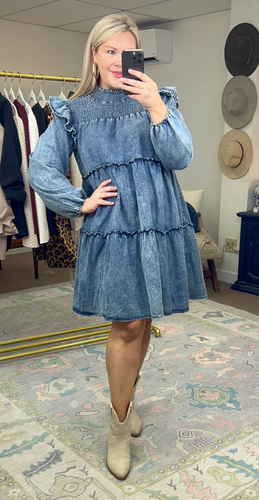 Cherish You Ruffle Washed Denim Dress