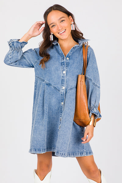 Ruffle Sleeve Denim Shirt Dress