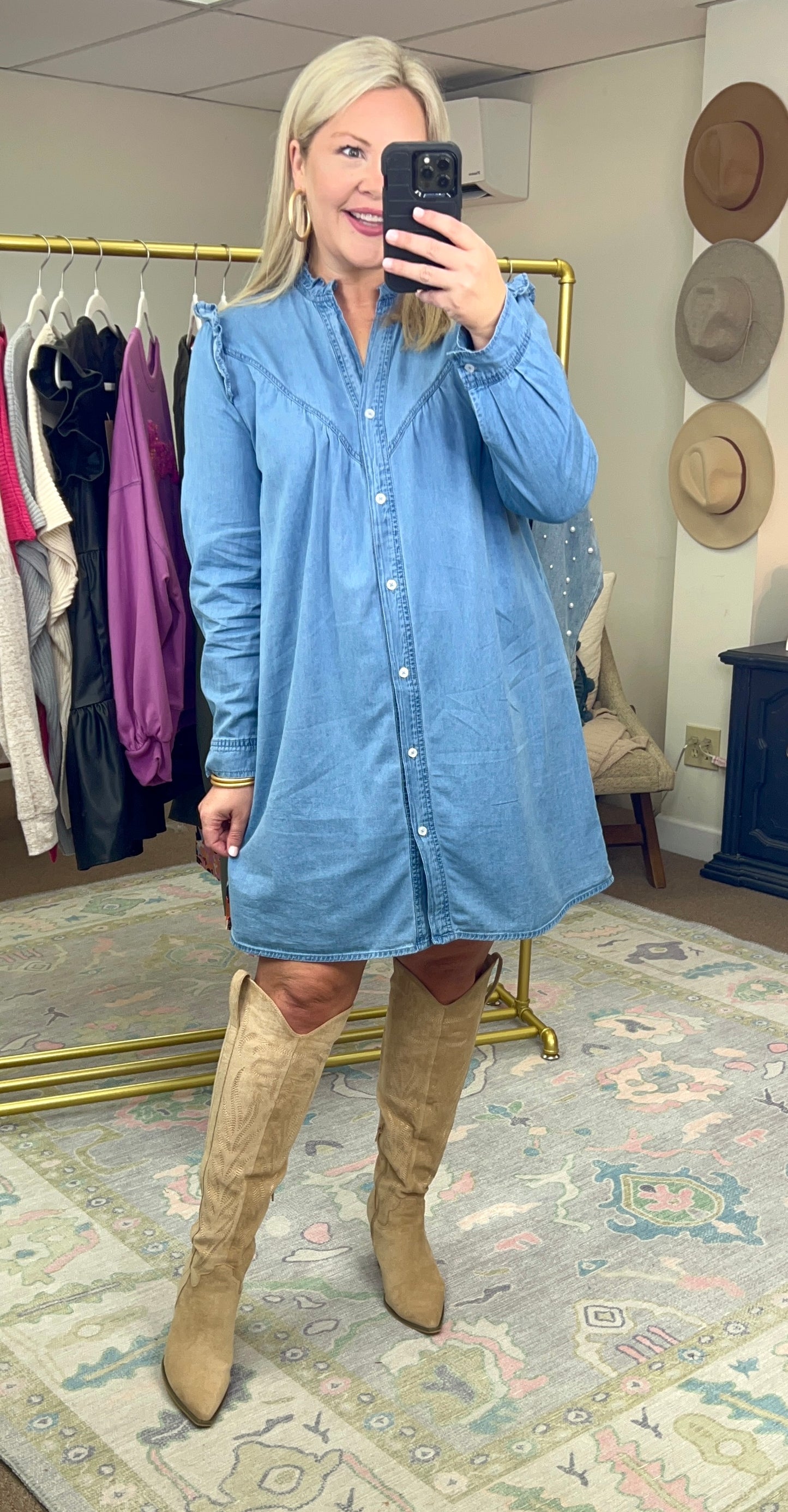 Hey Girl Chambray Ruffle Shirt Dress