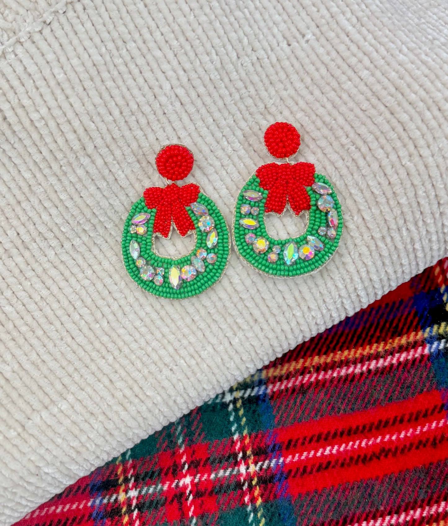 Red Bow Beaded Wreath Earrings