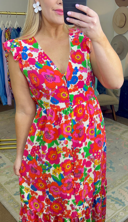 Piece of Paradise Bold Print Ruffle Maxi Dress
