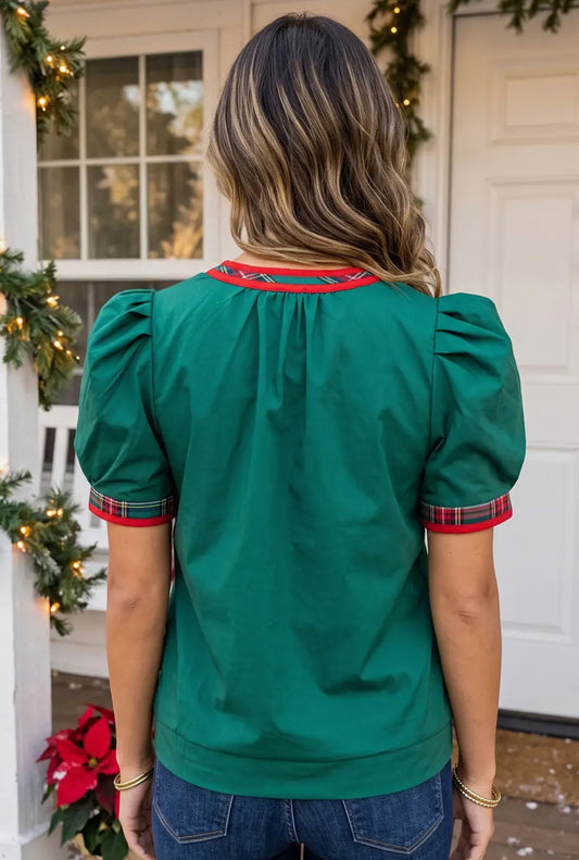 Evergreen Estate Tartan Trim Blouse— PREORDER