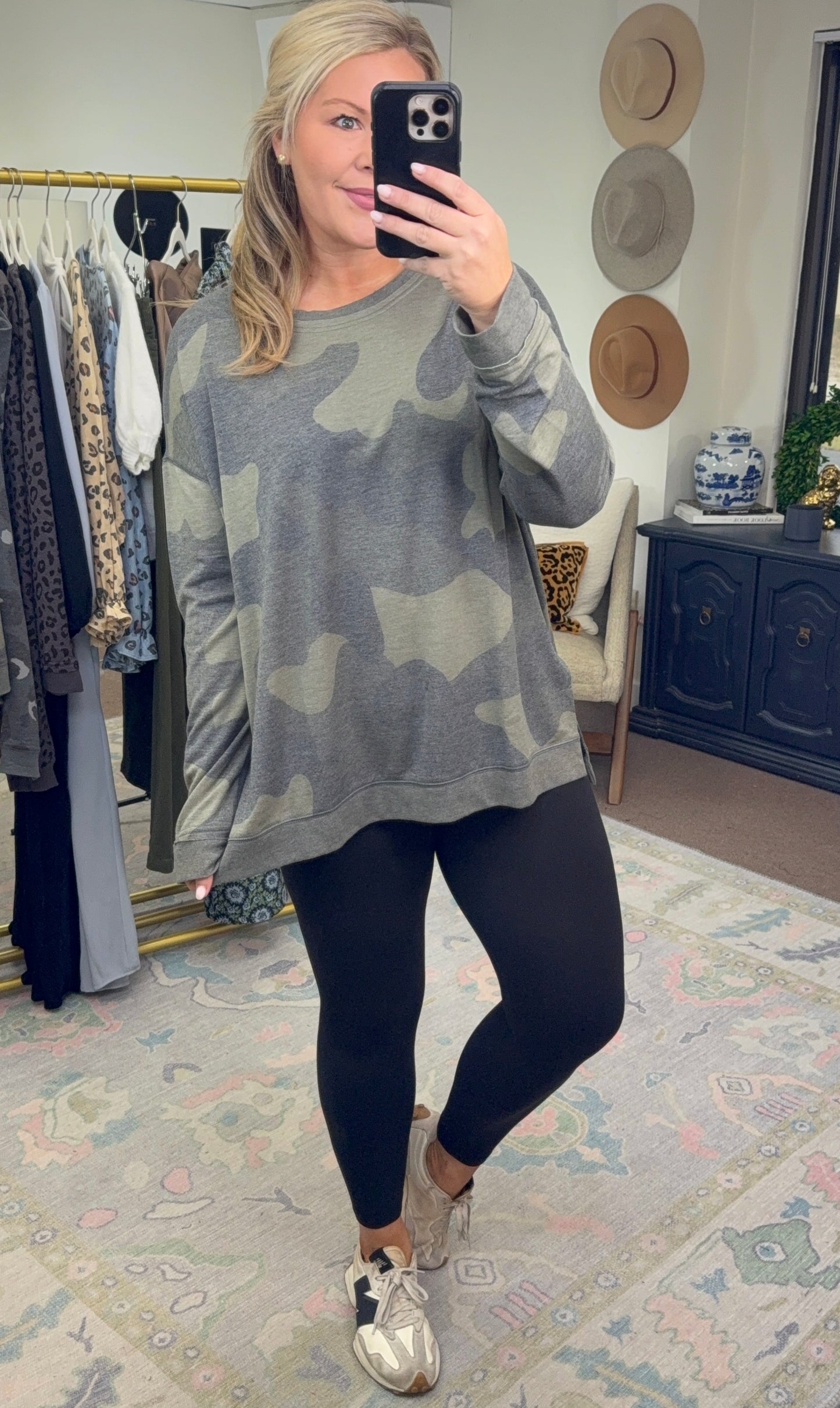 Fanning Split Side Pullover Top in Green Camo