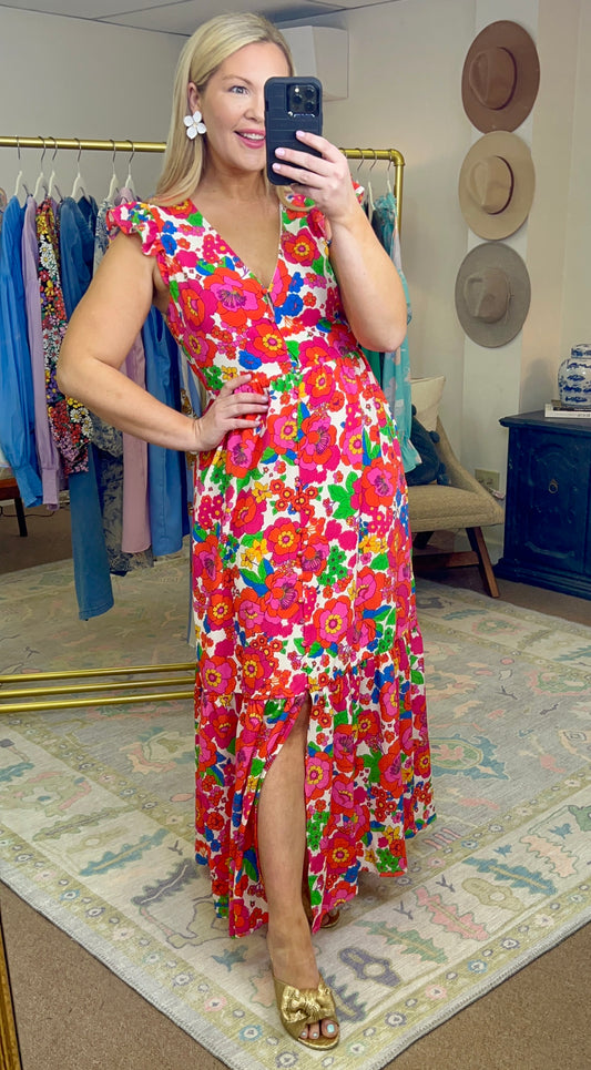 Piece of Paradise Bold Print Ruffle Maxi Dress