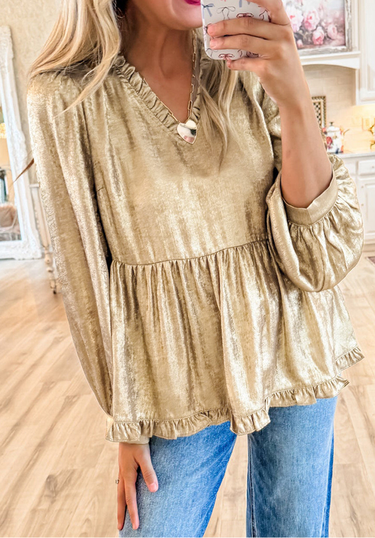 **MORE COLORS** Darling Girl Metallic Frill Babydoll Blouse