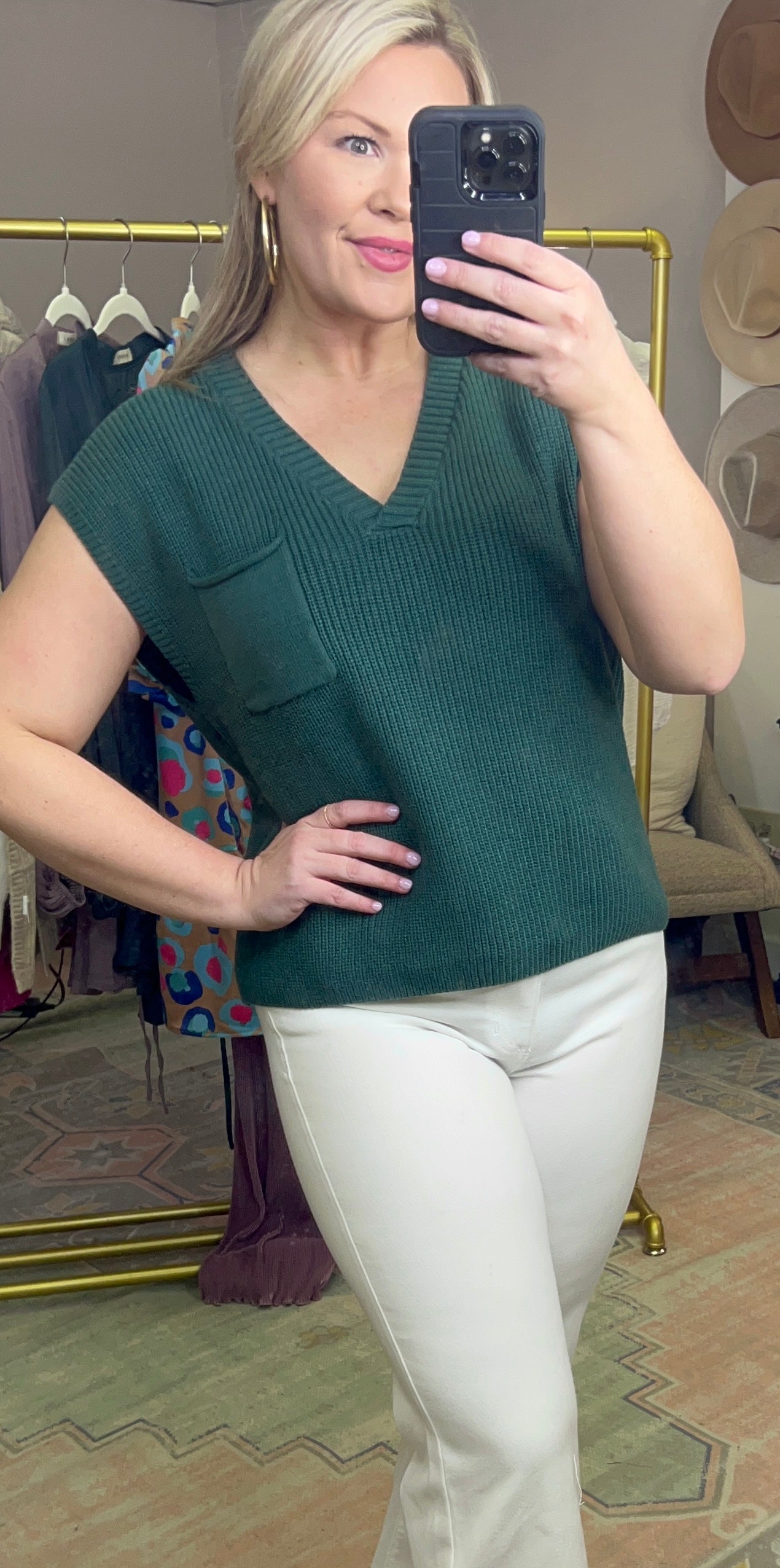 Green V-Neck Knit Top