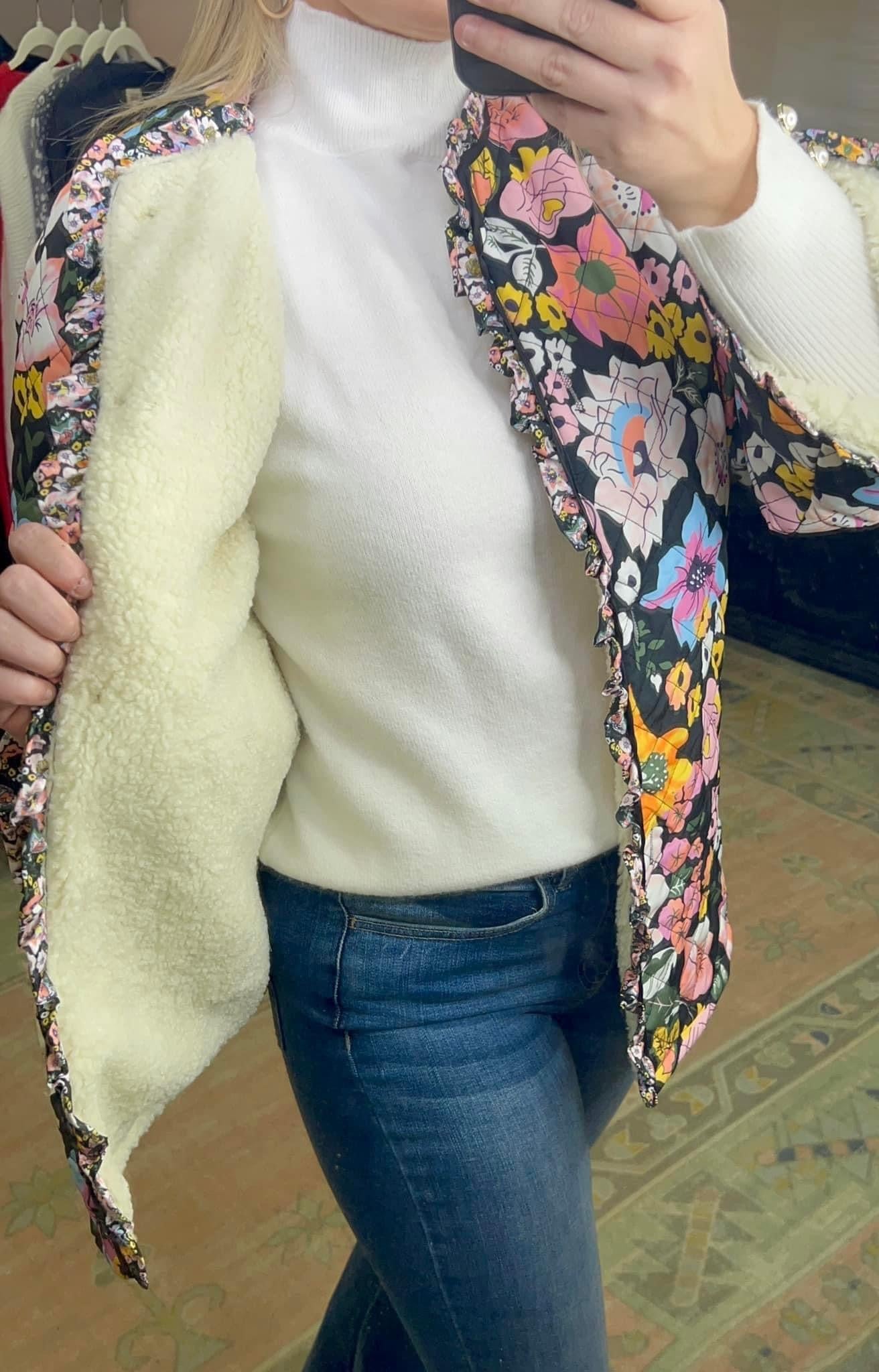 Cozy Blooms Floral Quilted Sherpa Jacket