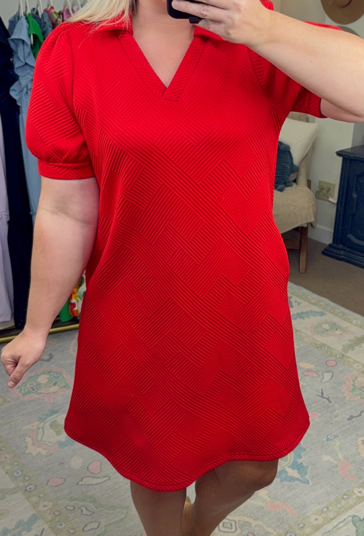 Already There Red Textured Shirt Dress