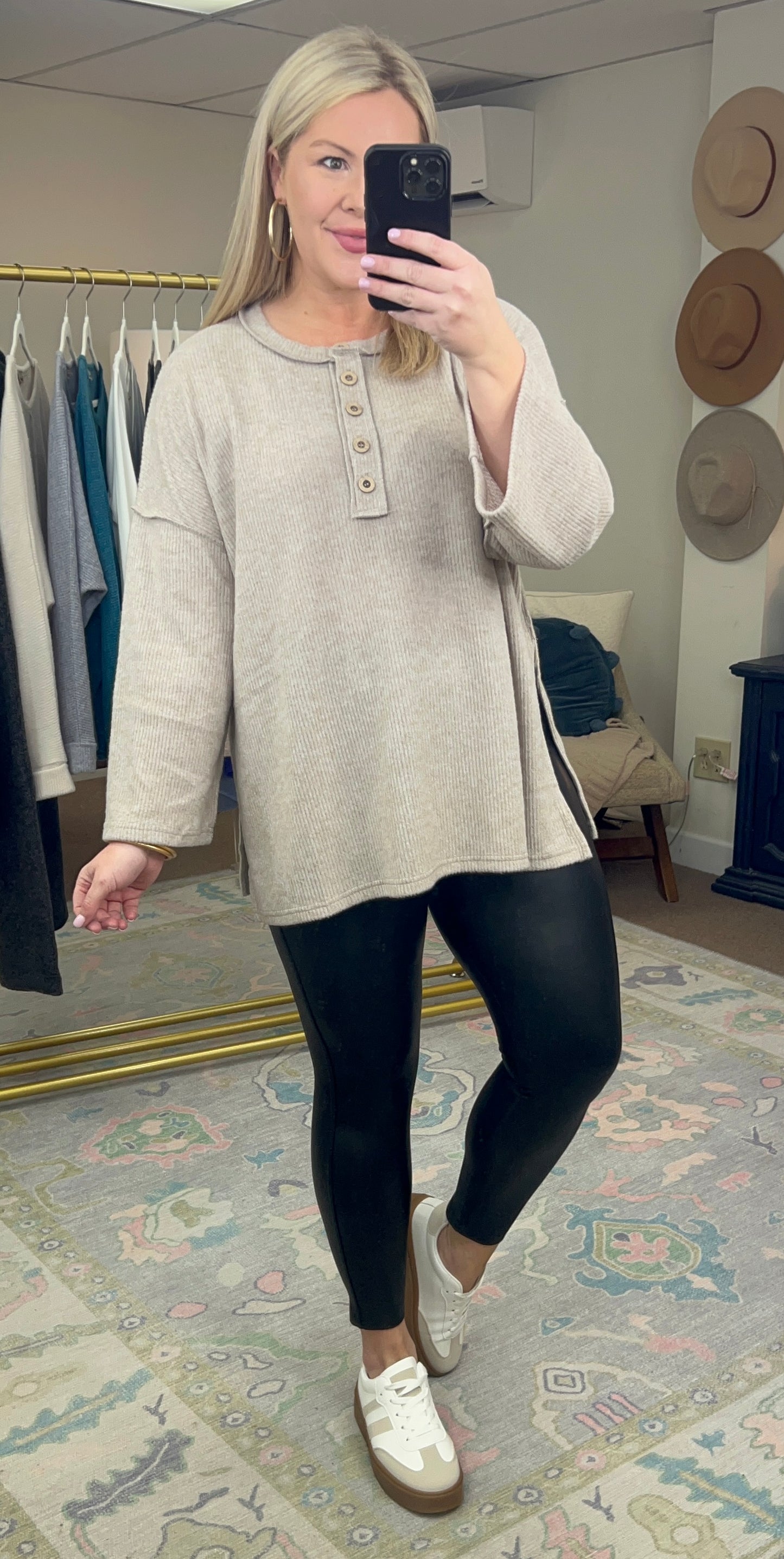 Crisp Morning Brushed Ribbed Knit Henley Top