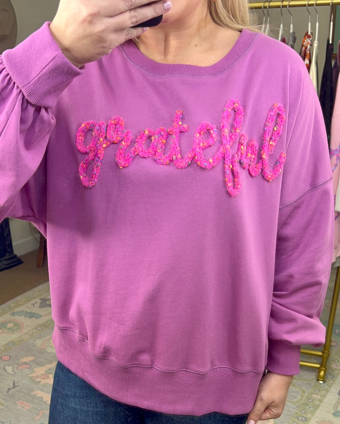 Oh So Grateful Puff Script Pullover