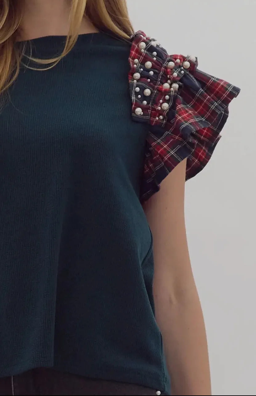 Make It Merry Tartan Pearl Ruffle Top