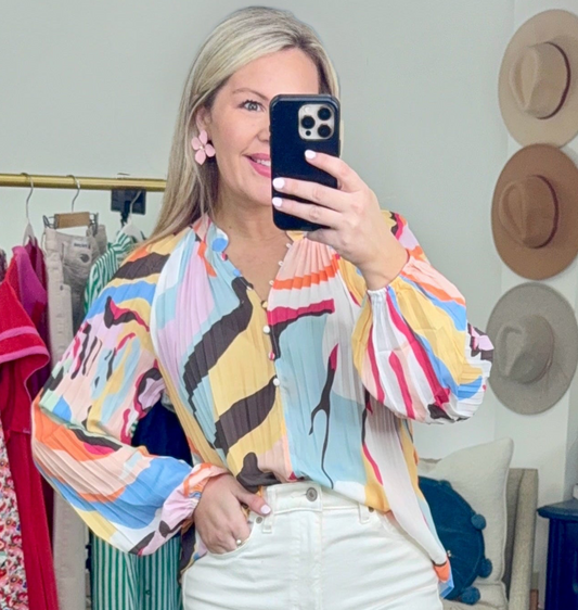 Pleat & Repeat Abstract Print Blouse