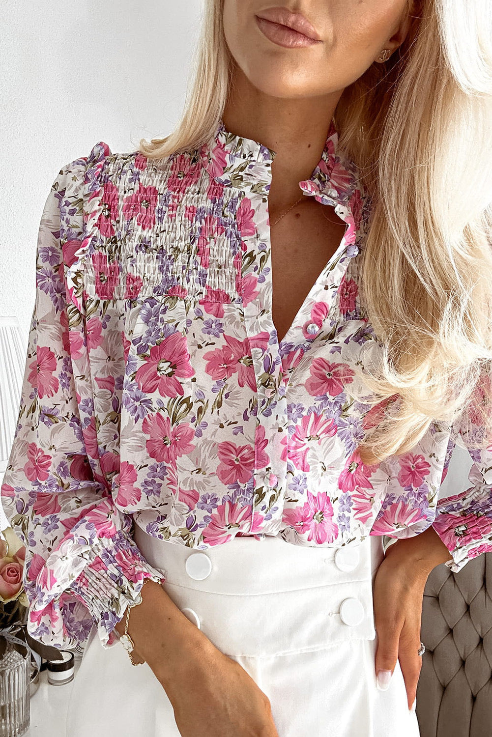 Pink Floral Smocked Frill Blouse