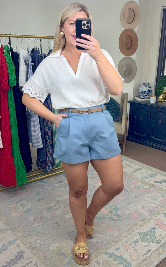 Gauzy Eyelet Split Collar Blouse