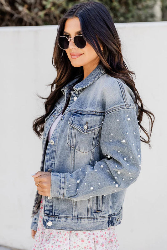Southern Charm Pearl Embellished Lived-in Denim Jacket