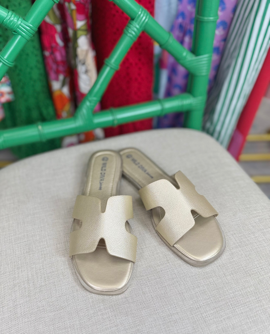 ✨SATURDAY STEAL DEAL✨ Come On Over Pebbled Gold H Slide Sandals