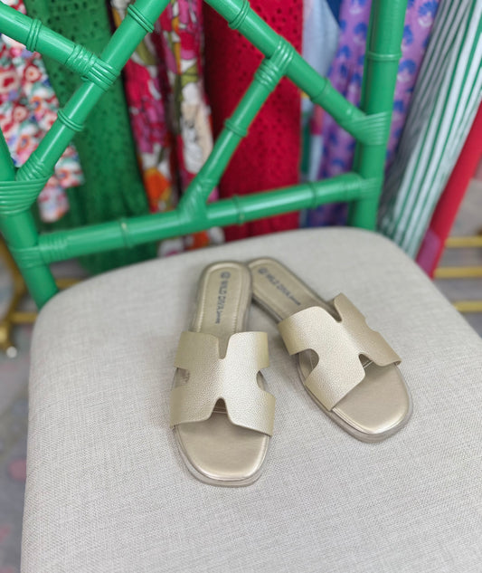 ✨SATURDAY STEAL DEAL✨ Come On Over Pebbled Gold H Slide Sandals