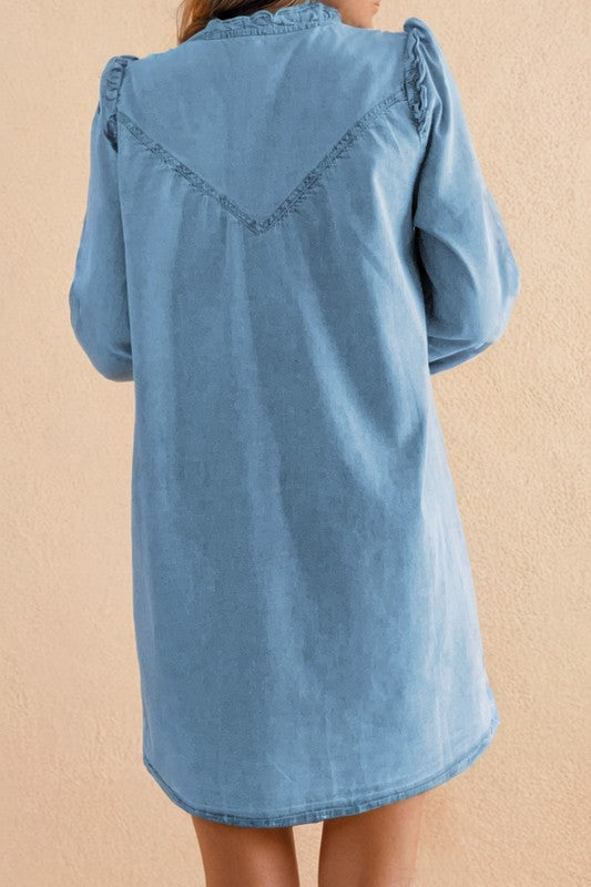 Hey Girl Chambray Ruffle Shirt Dress