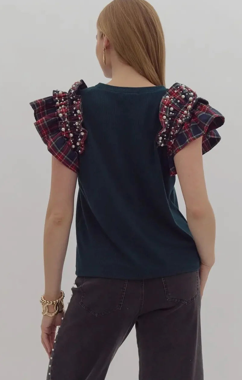 Make It Merry Tartan Pearl Ruffle Top