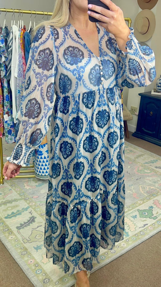 Blue Boho Print Overlay Dress