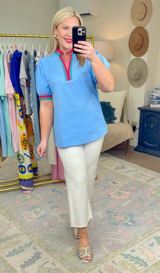 A New Day Colorblock Trim Puff Sleeve Blouse