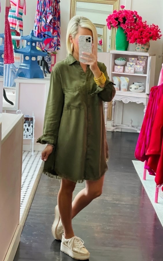 Fray Hem Button Down Shirt Dress