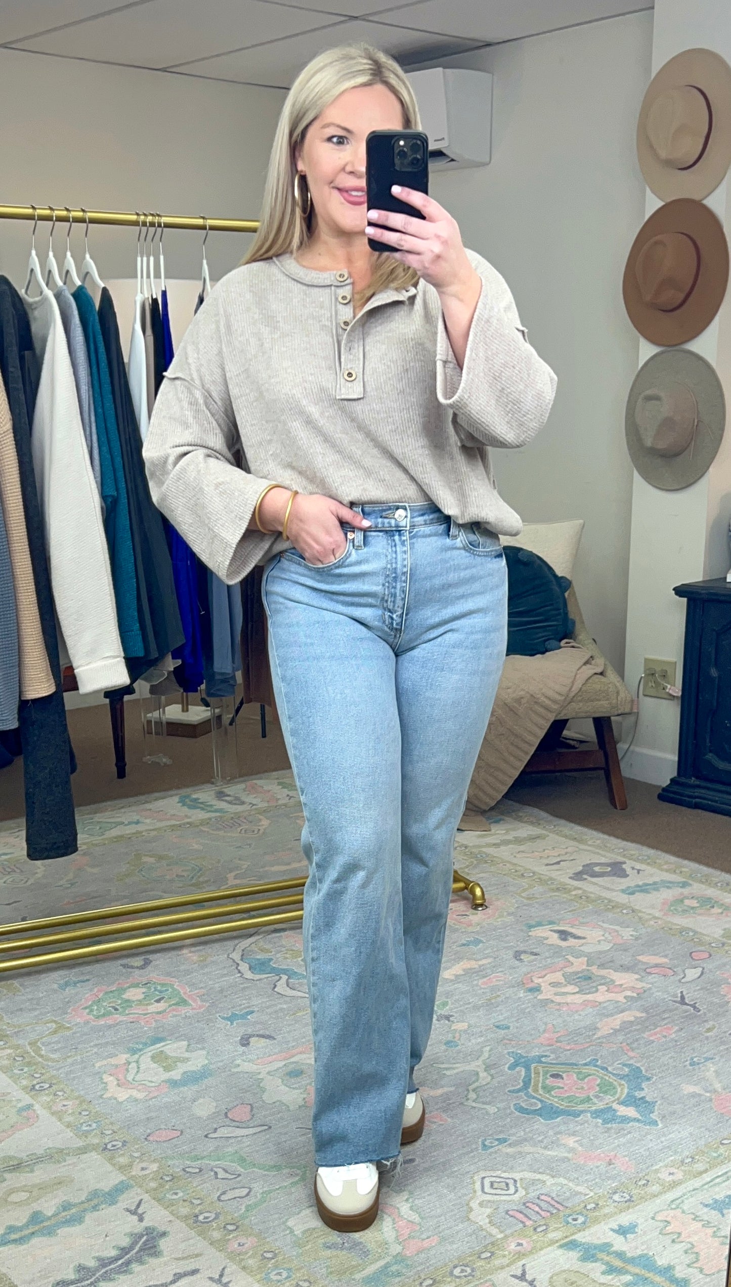 Crisp Morning Brushed Ribbed Knit Henley Top