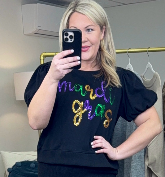 PEACH LOVE: Mardi Gras Sequin Puff Sleeve Top