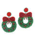 Red Bow Christmas Wreath Beaded Earrings