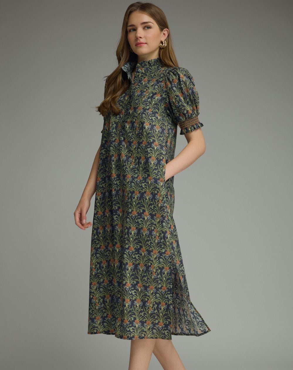 Manor Born Puff Sleeve Midi Dress