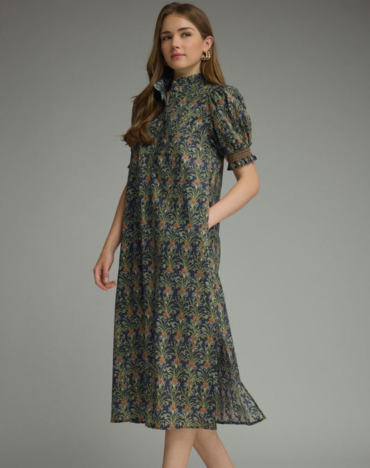 Manor Born Puff Sleeve Midi Dress