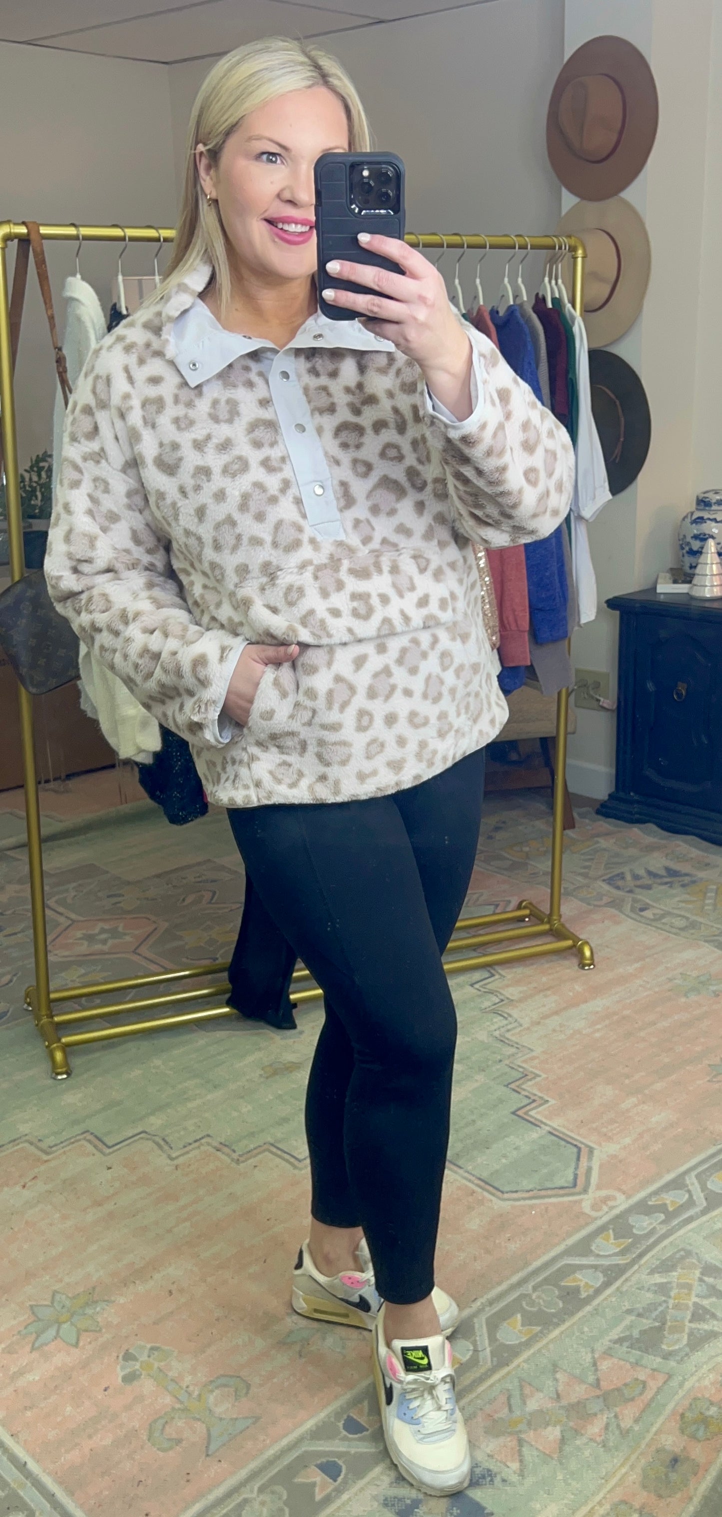 Leopard Print Snap Neck Pullover