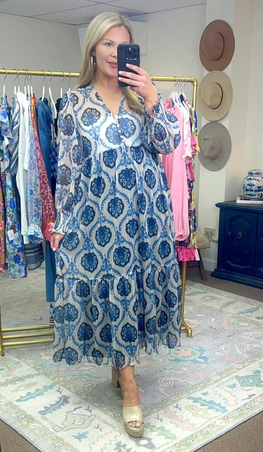 Blue Boho Print Overlay Dress