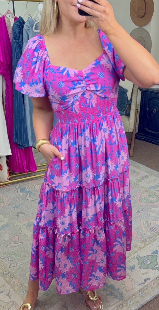 What in Carnation Print Midi Dress