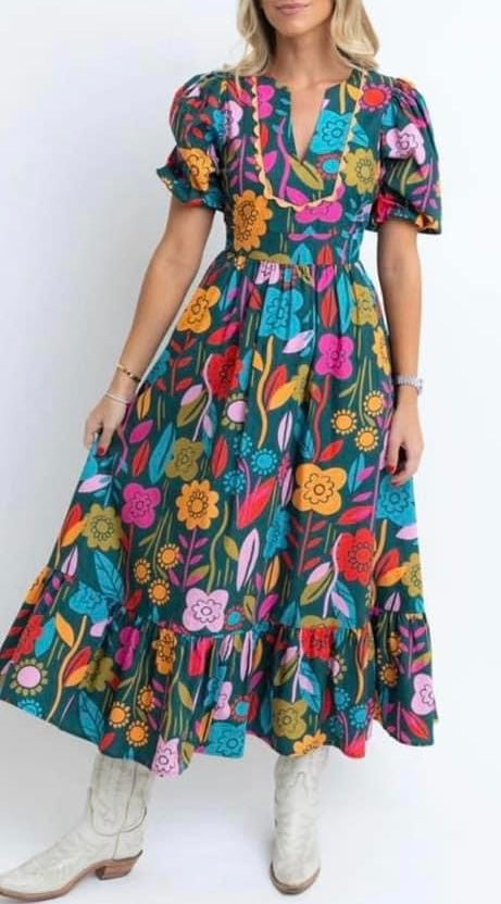 Printed Puff Sleeve Maxi Dress