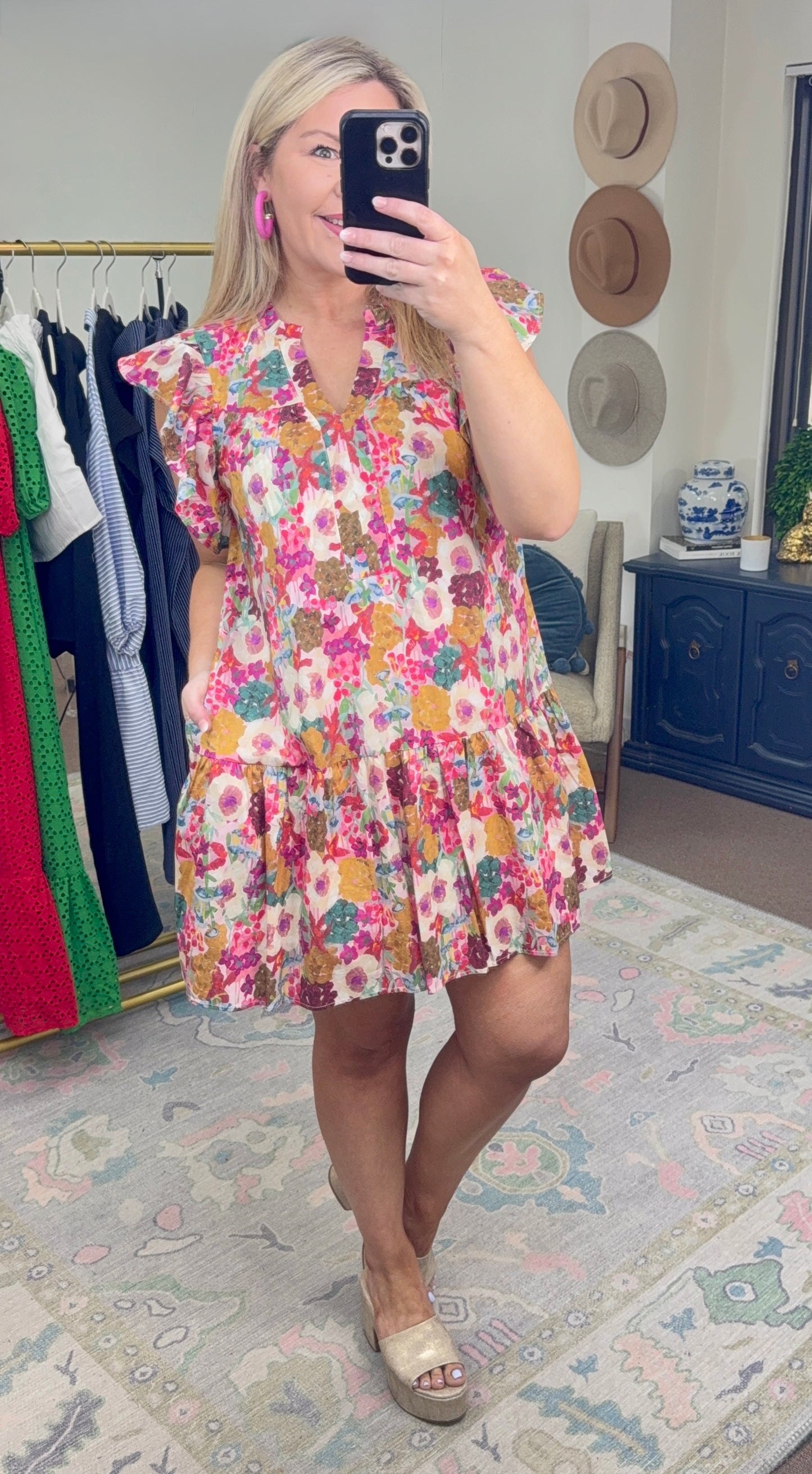ENTRO: Watercolor Floral Flutter Sleeve Dress