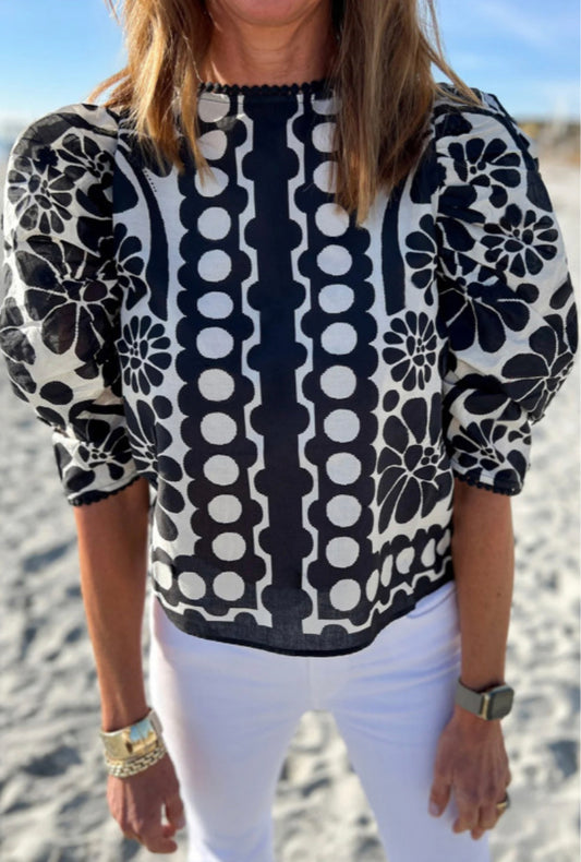 Black Print Puff Sleeve Blouse