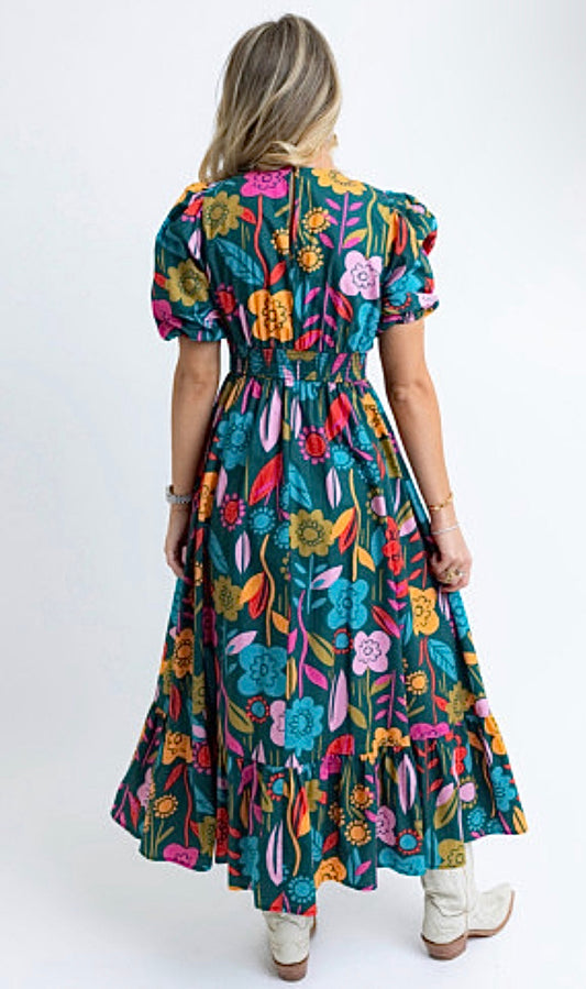 Printed Puff Sleeve Maxi Dress