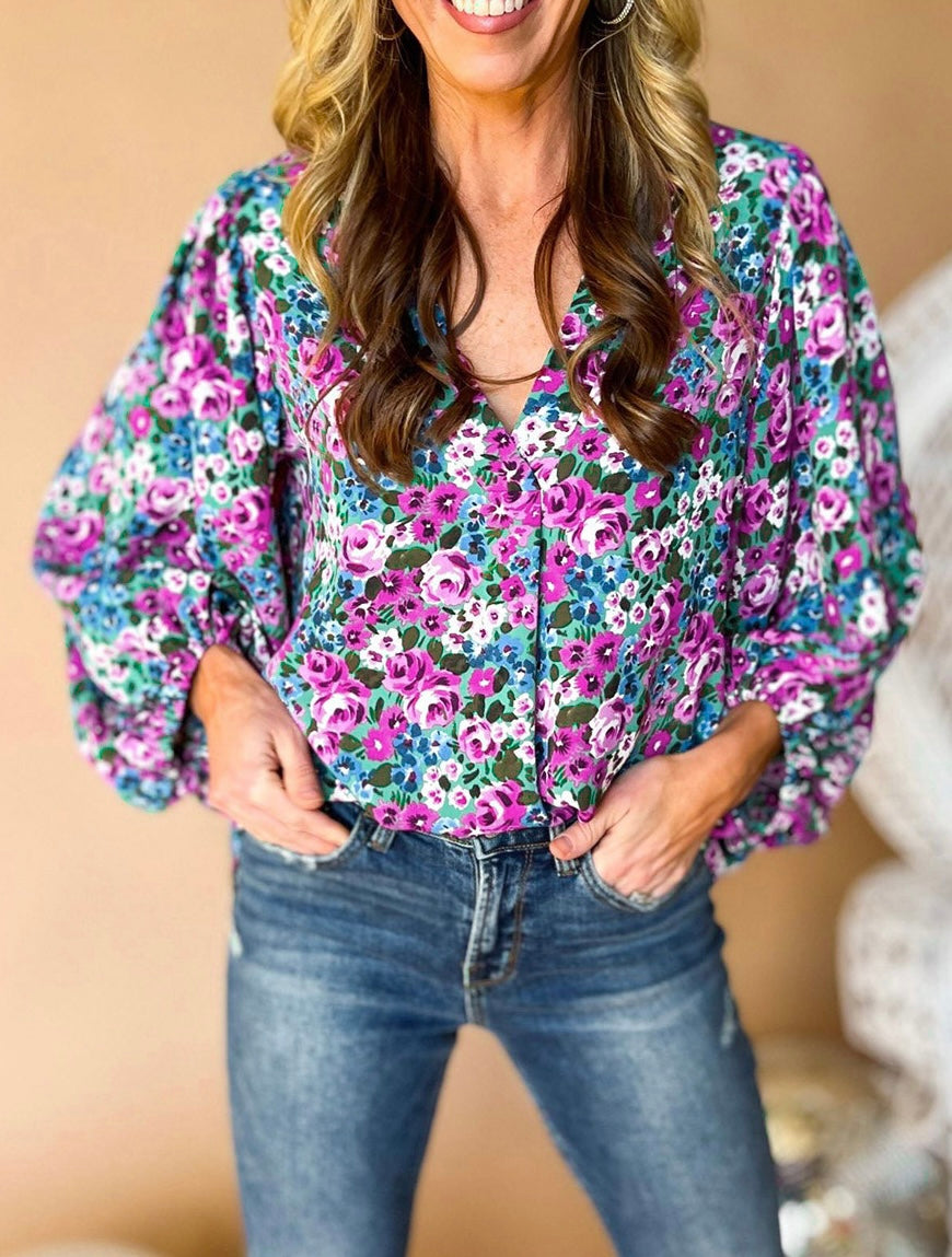 Floral Print Balloon Sleeve Blouse