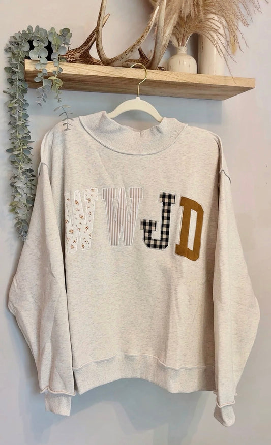WWJD Embroidered Patch Mock Neck Sweatshirt