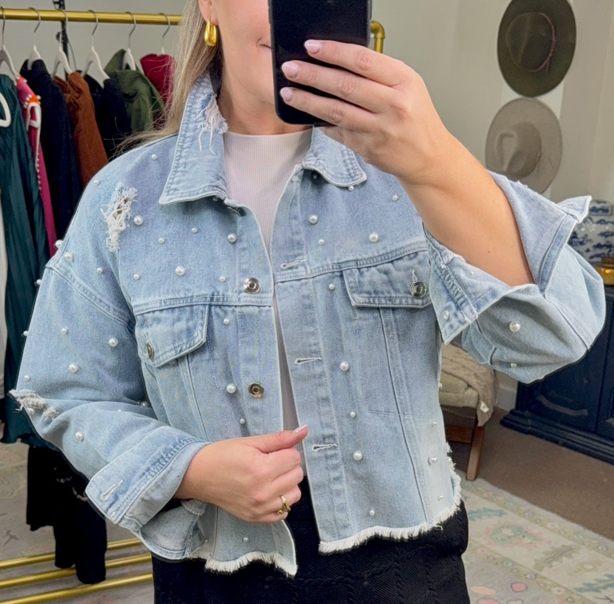 Distressed Pearl Embellished Denim Jacket