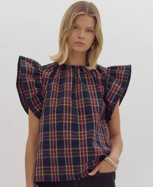 Darling Holiday Tartan Plaid Flutter Sleeve Blouse