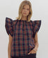 Darling Holiday Tartan Plaid Flutter Sleeve Blouse