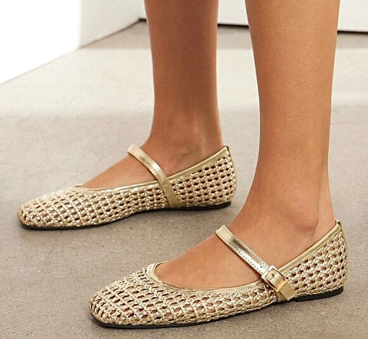Midas Moment Gold Woven Mary Jane Flats