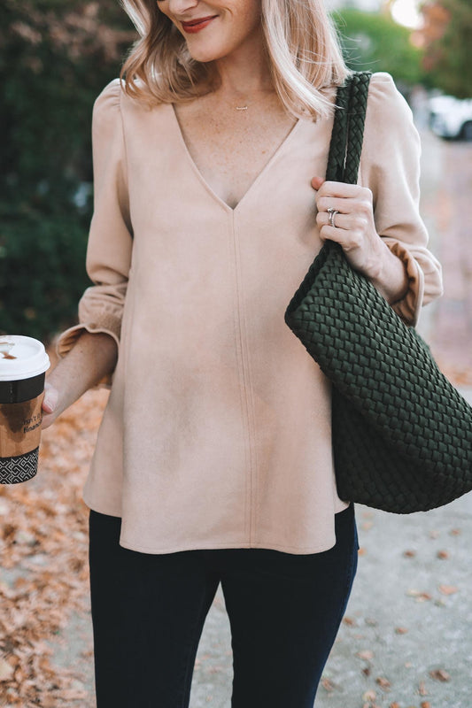 Suede Flounce Sleeve Blouse