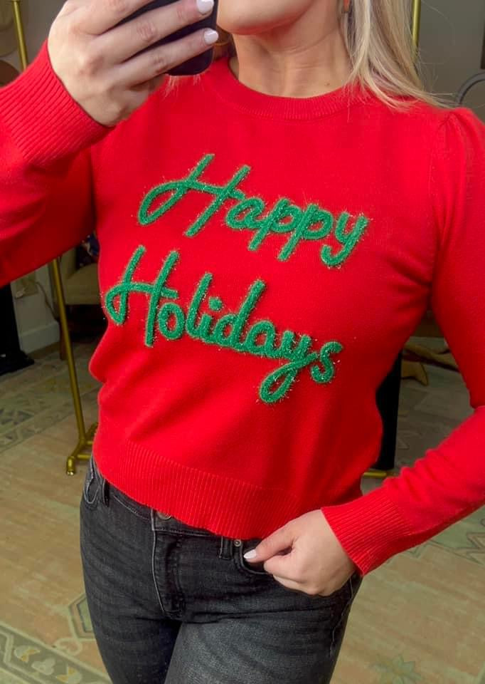 Red Puff Script Happy Holidays Sweater