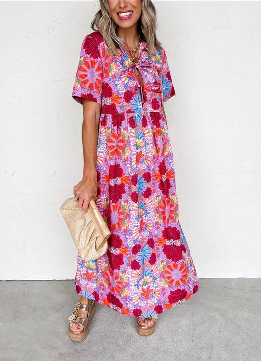 Sunny Disposition Printed Tie Front Midi Dress