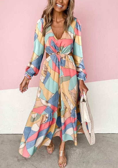 Long Sleeve Cut Out Abstract Maxi Dress